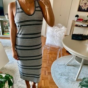 WHITE AND NAVY BLUE STRIPED MIDI DRESS